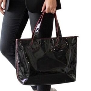 Stephanie Johnson Saks Fifth Avenue Black Patent Tote Bag Red Zippered 16x11